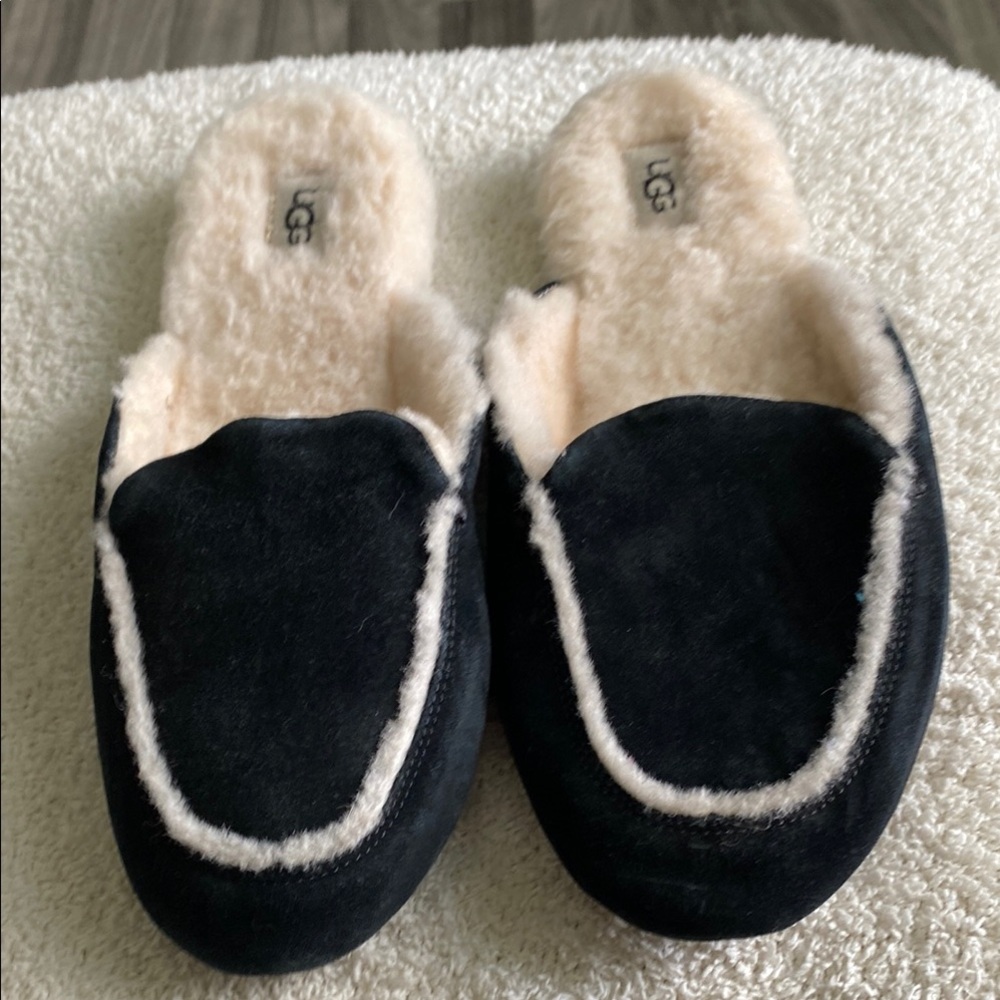 UGG Black and Cream Shearling Slippers